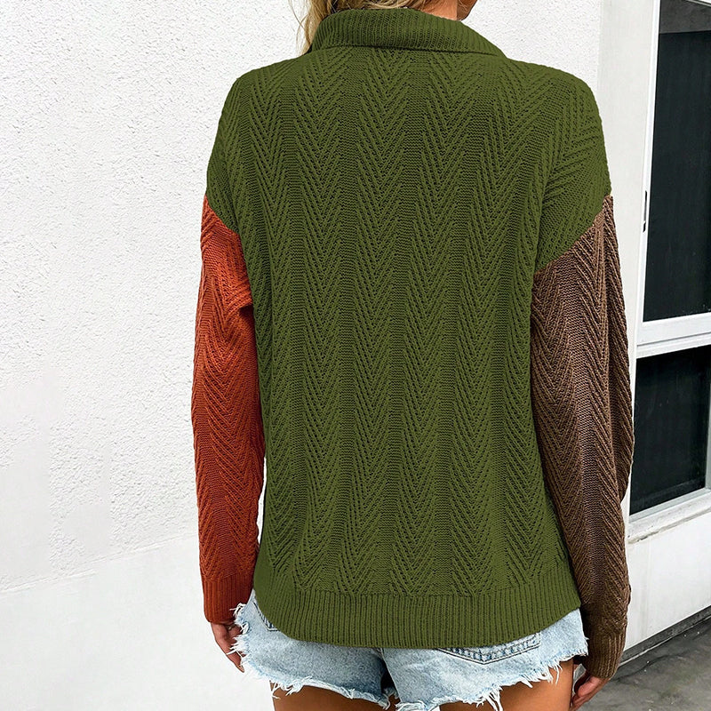 ZhiKnit Womens Patchwork Sweater Half Button Collar Textured Knit Long Sleeve Pullover Loose Fit Tops