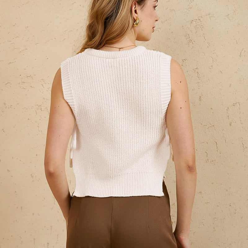 ZhiKnit Women's Tie Side Sweater Vest Tops Split Hem Knitted Sleeveless Crew Neck Tank Fall Top