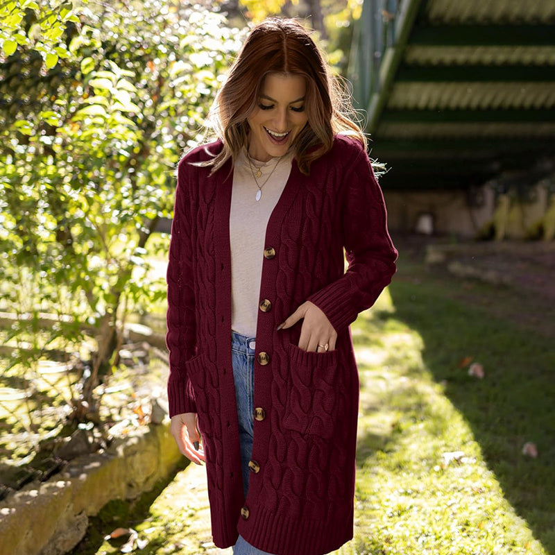 ZhiKnit Long Sleeve Cable Knit Long Cardigan for Women 2025 Fall Winter Chunky Open Front Button Sweaters with Pockets