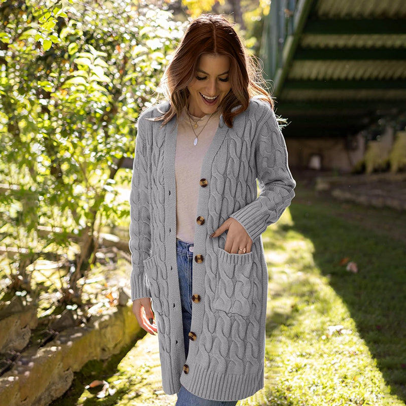 ZhiKnit Long Sleeve Cable Knit Long Cardigan for Women 2025 Fall Winter Chunky Open Front Button Sweaters with Pockets