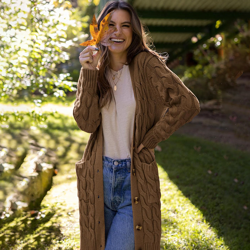 ZhiKnit Long Sleeve Cable Knit Long Cardigan for Women 2025 Fall Winter Chunky Open Front Button Sweaters with Pockets