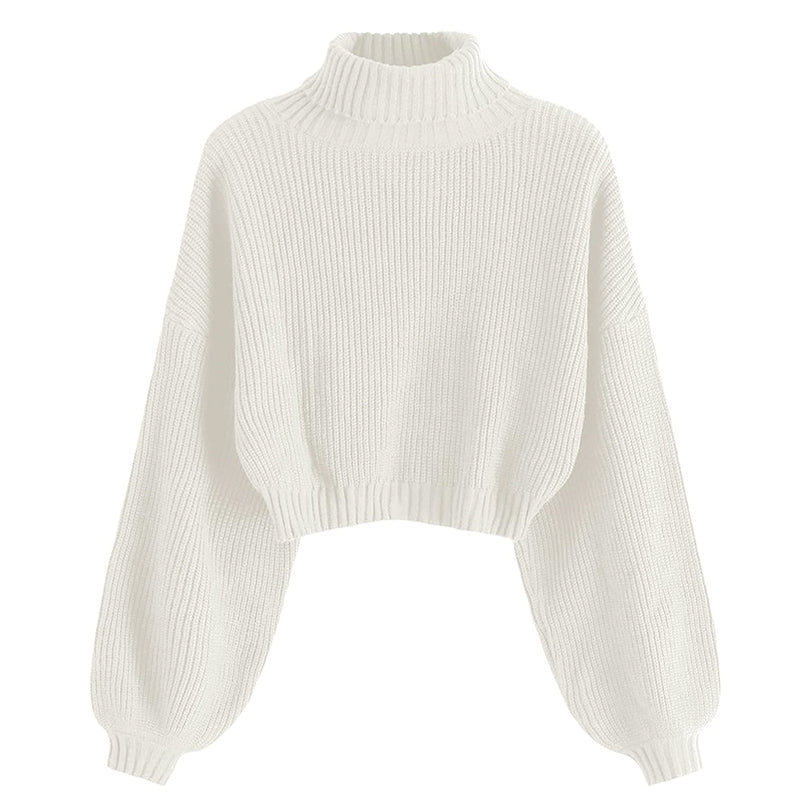 ZhiKnit Women's Cropped Turtleneck Sweater Lantern Sleeve Ribbed Knit Pullover Sweater Jumper