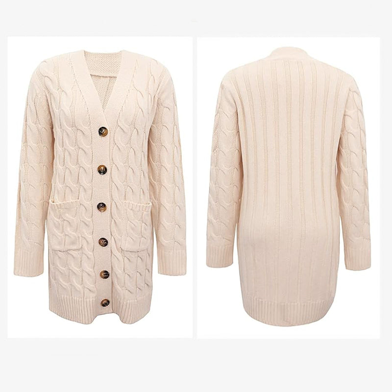 ZhiKnit Long Sleeve Cable Knit Long Cardigan for Women 2025 Fall Winter Chunky Open Front Button Sweaters with Pockets