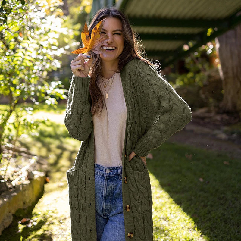 ZhiKnit Long Sleeve Cable Knit Long Cardigan for Women 2025 Fall Winter Chunky Open Front Button Sweaters with Pockets