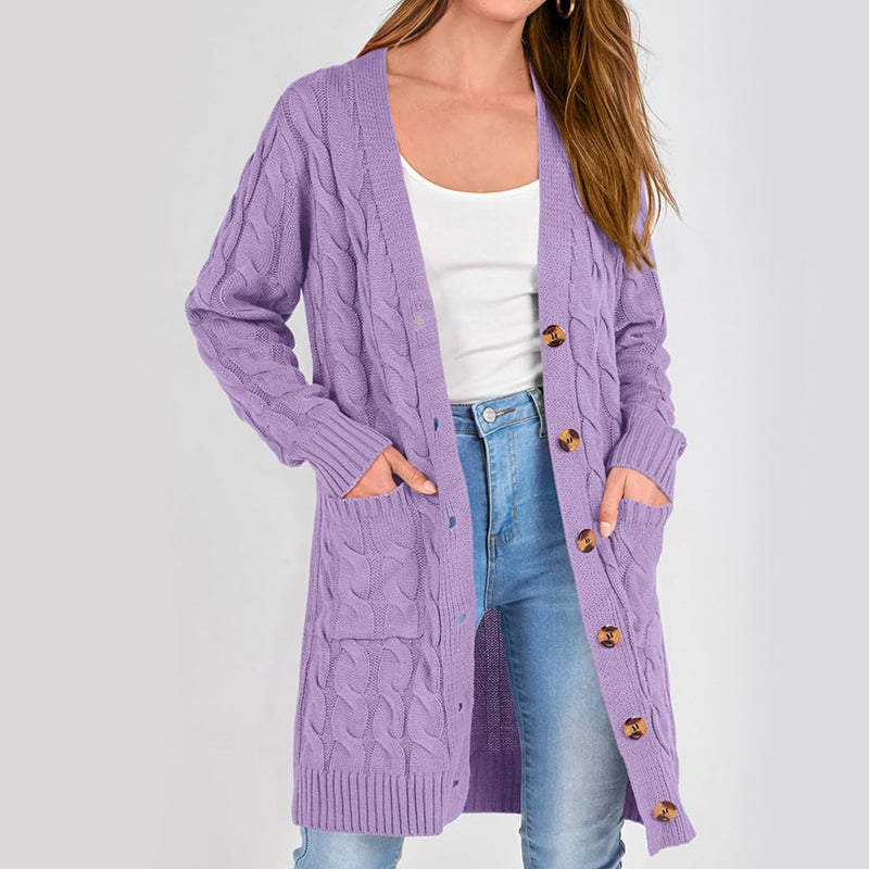 ZhiKnit Long Sleeve Cable Knit Long Cardigan for Women 2025 Fall Winter Chunky Open Front Button Sweaters with Pockets
