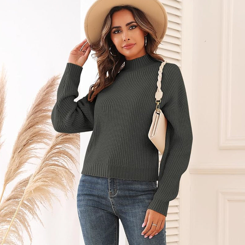 ZhiKnit Women's Cropped Turtleneck Sweater Lantern Sleeve Ribbed Knit Pullover Sweater Jumper