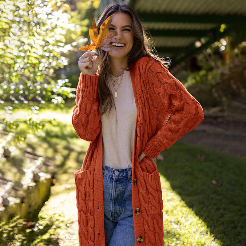 ZhiKnit Long Sleeve Cable Knit Long Cardigan for Women 2025 Fall Winter Chunky Open Front Button Sweaters with Pockets