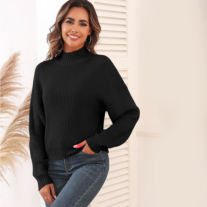 ZhiKnit Women's Cropped Turtleneck Sweater Lantern Sleeve Ribbed Knit Pullover Sweater Jumper