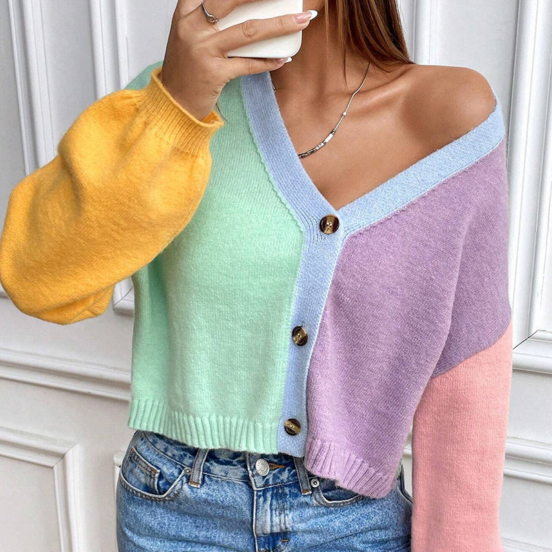 ZhiKnit  Women's Colorful V Neck Open Front Puff Sleeve Sweater Coat 70s Cropped Cardigan Sweaters