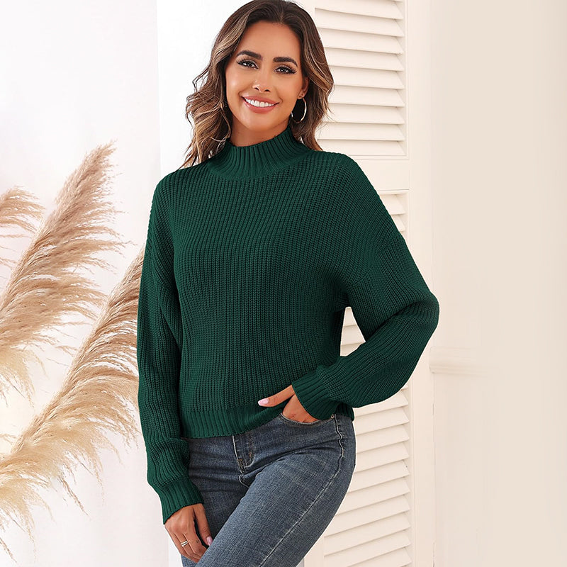 ZhiKnit Women's Cropped Turtleneck Sweater Lantern Sleeve Ribbed Knit Pullover Sweater Jumper