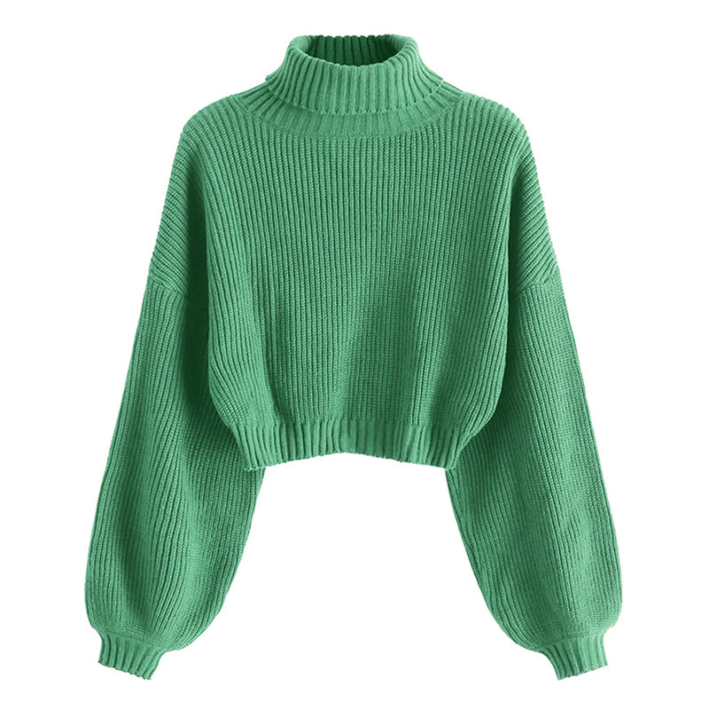 ZhiKnit Women's Cropped Turtleneck Sweater Lantern Sleeve Ribbed Knit Pullover Sweater Jumper
