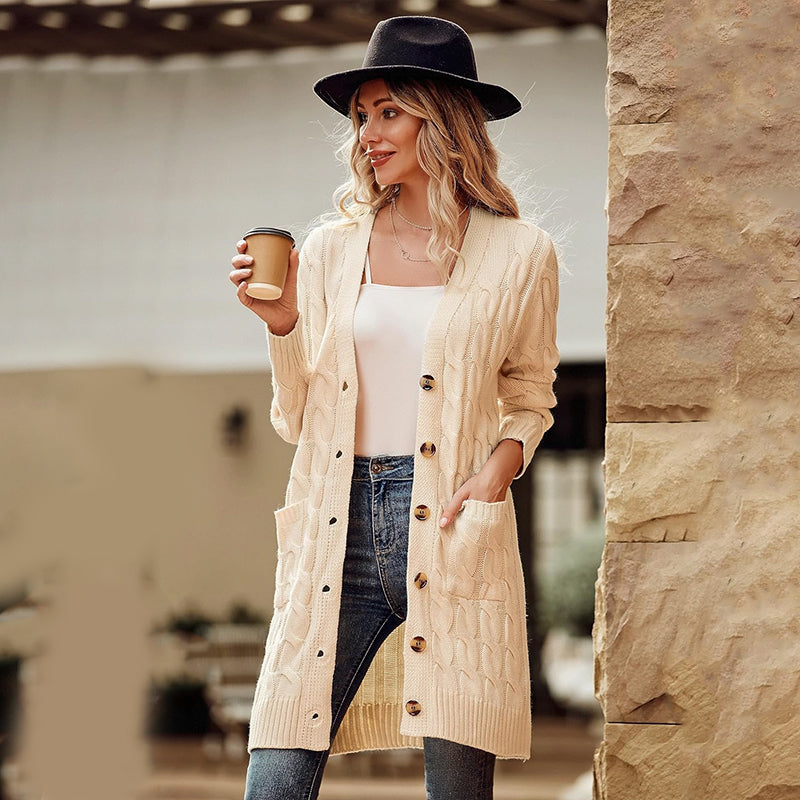 ZhiKnit Long Sleeve Cable Knit Long Cardigan for Women 2025 Fall Winter Chunky Open Front Button Sweaters with Pockets