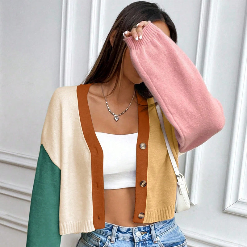 ZhiKnit  Women's Colorful V Neck Open Front Puff Sleeve Sweater Coat 70s Cropped Cardigan Sweaters