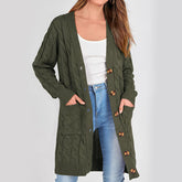 ZhiKnit Long Sleeve Cable Knit Long Cardigan for Women 2025 Fall Winter Chunky Open Front Button Sweaters with Pockets