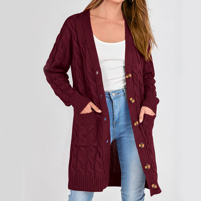 ZhiKnit Long Sleeve Cable Knit Long Cardigan for Women 2025 Fall Winter Chunky Open Front Button Sweaters with Pockets