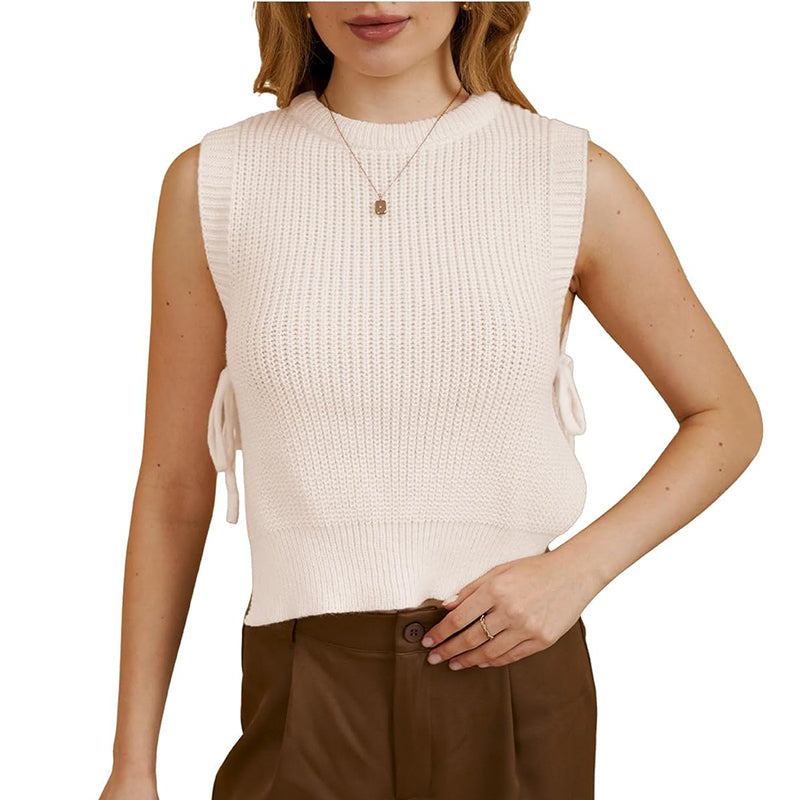 ZhiKnit Women's Tie Side Sweater Vest Tops Split Hem Knitted Sleeveless Crew Neck Tank Fall Top