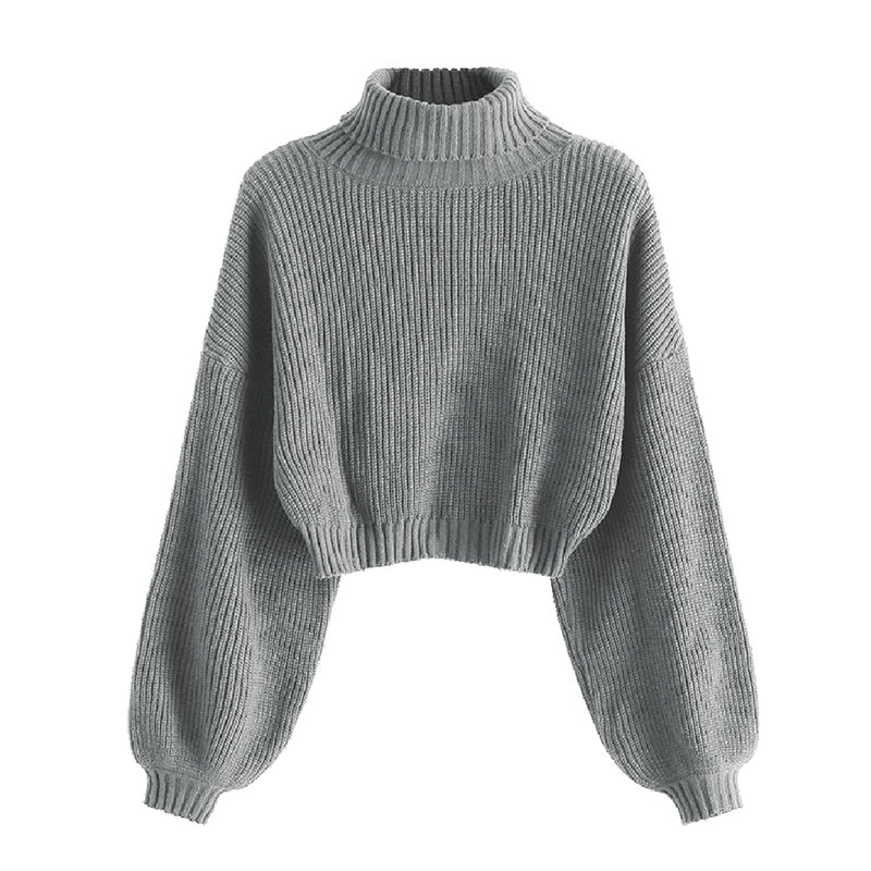 ZhiKnit Women's Cropped Turtleneck Sweater Lantern Sleeve Ribbed Knit Pullover Sweater Jumper