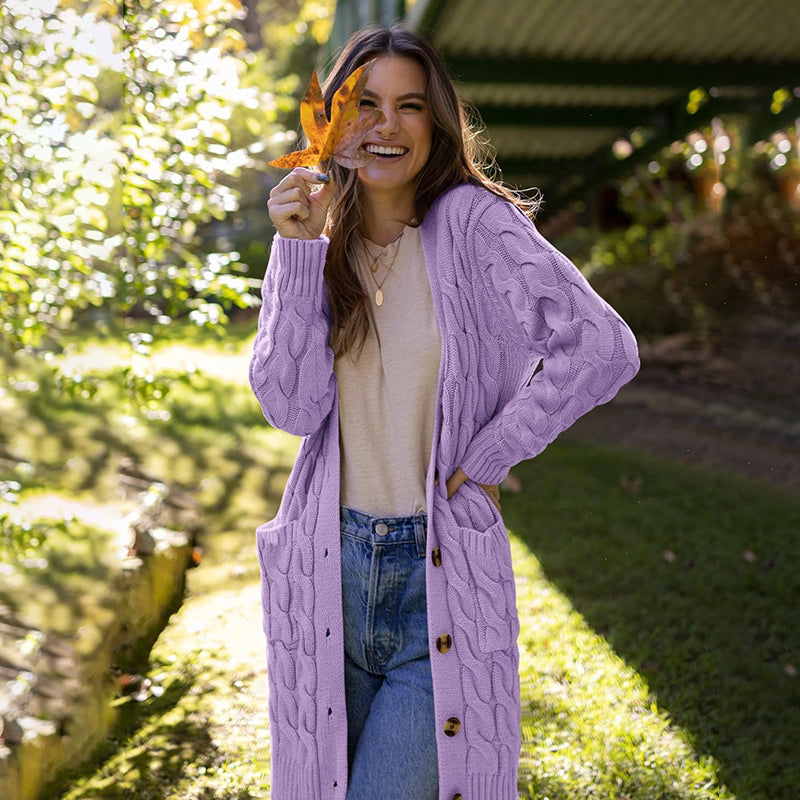 ZhiKnit Long Sleeve Cable Knit Long Cardigan for Women 2025 Fall Winter Chunky Open Front Button Sweaters with Pockets