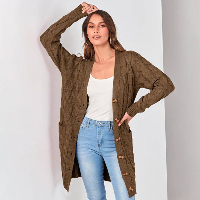ZhiKnit Long Sleeve Cable Knit Long Cardigan for Women 2025 Fall Winter Chunky Open Front Button Sweaters with Pockets