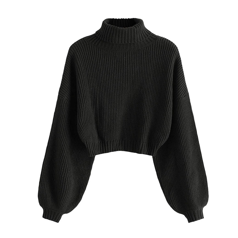 ZhiKnit Women's Cropped Turtleneck Sweater Lantern Sleeve Ribbed Knit Pullover Sweater Jumper