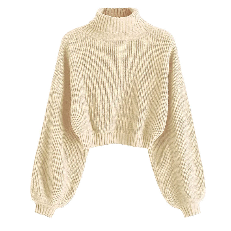 ZhiKnit Women's Cropped Turtleneck Sweater Lantern Sleeve Ribbed Knit Pullover Sweater Jumper