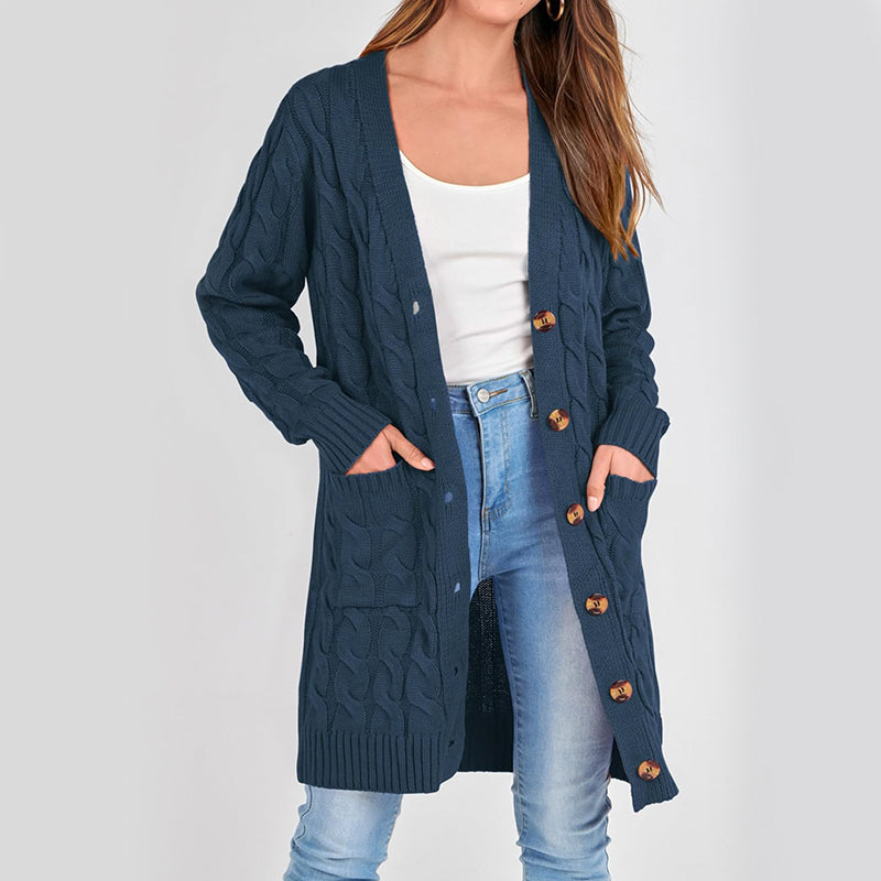 ZhiKnit Long Sleeve Cable Knit Long Cardigan for Women 2025 Fall Winter Chunky Open Front Button Sweaters with Pockets