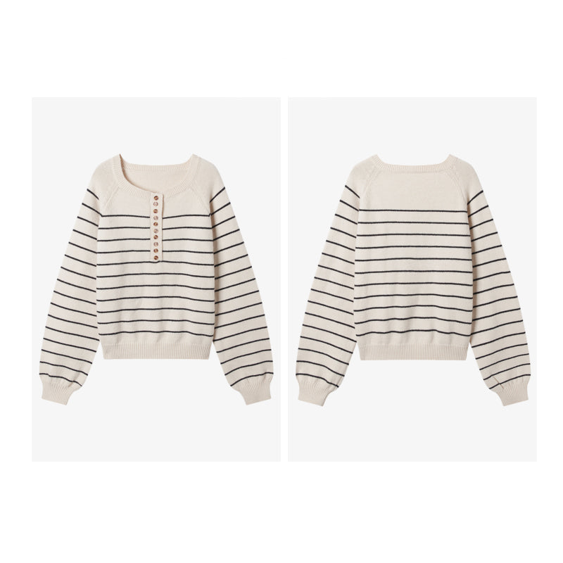 ZhiKnit Women's Color Block Striped Sweaters Button Up Crewneck Pullover Ribbed Knit Sweater Tops