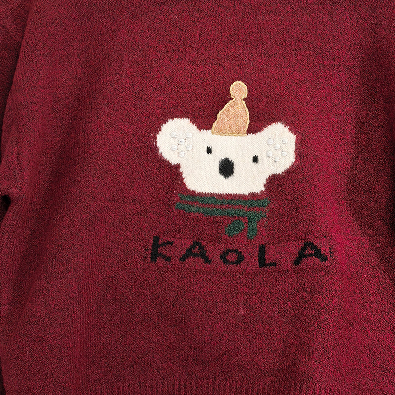ZhiKnit Women's cartoon teddy bear Christmas sweater paired with innovative printed round neck sweater pullover