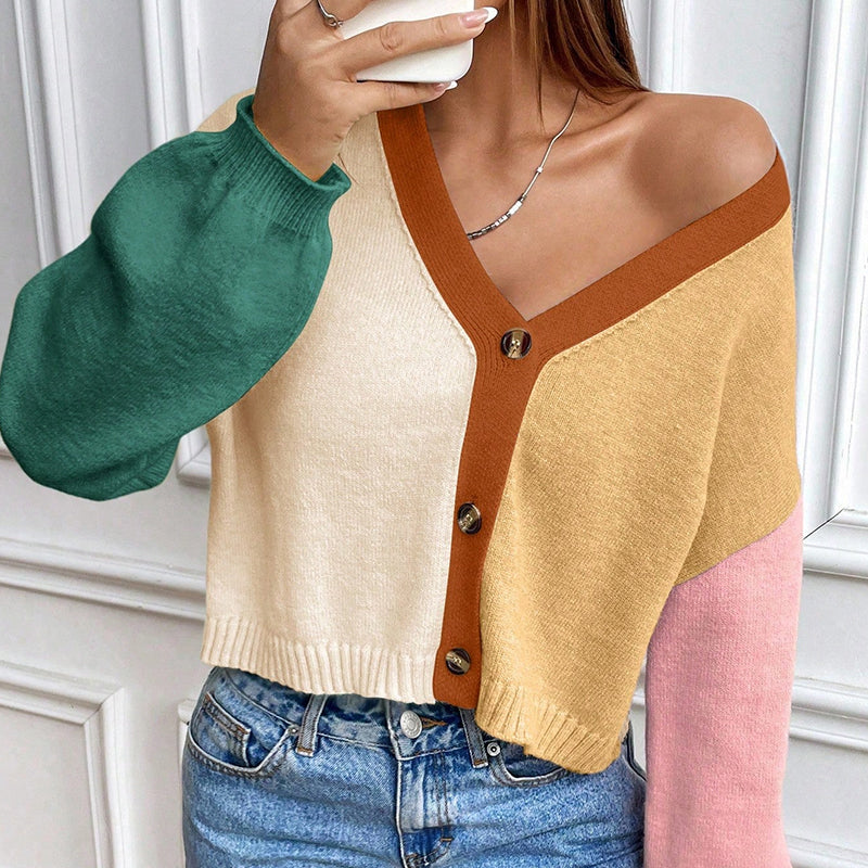 ZhiKnit  Women's Colorful V Neck Open Front Puff Sleeve Sweater Coat 70s Cropped Cardigan Sweaters