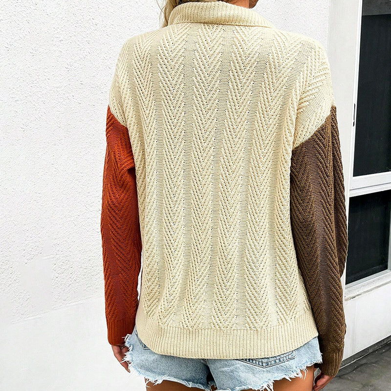 ZhiKnit Womens Patchwork Sweater Half Button Collar Textured Knit Long Sleeve Pullover Loose Fit Tops