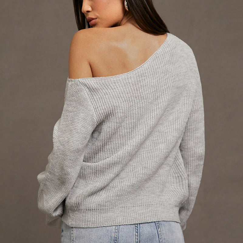 ZhiKnit Womens Off The Shoulder Sweater Asymmetrical Neck Fall Ribbed Knit Long Sleeve Pullover Sweaters Lightweight Top