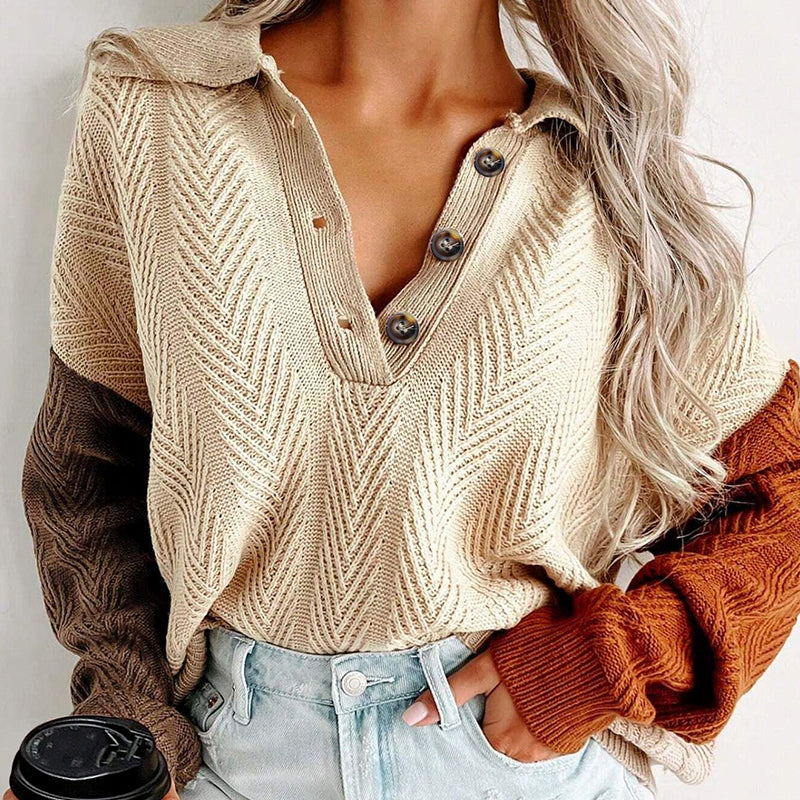ZhiKnit Womens Patchwork Sweater Half Button Collar Textured Knit Long Sleeve Pullover Loose Fit Tops