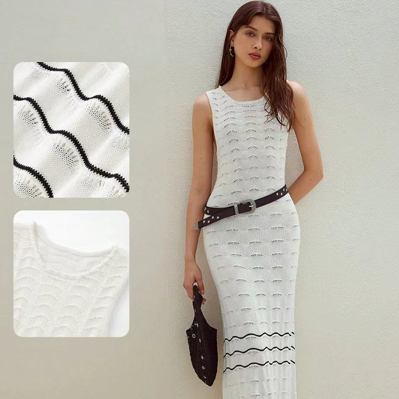 ZhiKnit Summer dress casual sleeveless hollow knit striped mid length vest skirt