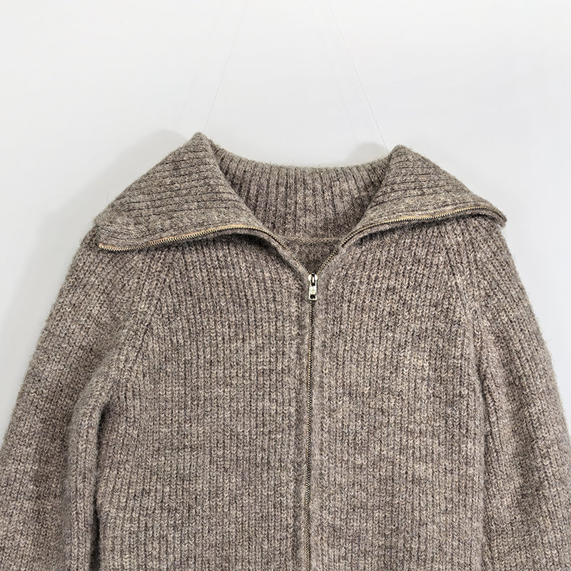 ZhiKnit Women's zipper lapel cardigan sweater knitted off shoulder autumn hoodie jacket loose fit collar sweater