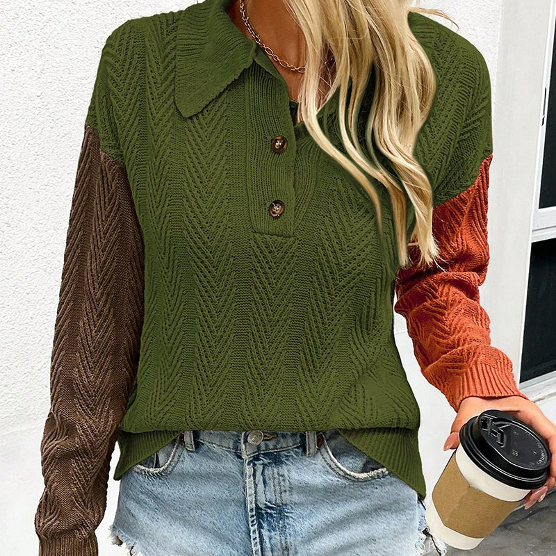ZhiKnit Womens Patchwork Sweater Half Button Collar Textured Knit Long Sleeve Pullover Loose Fit Tops