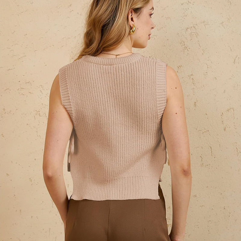 ZhiKnit Women's Tie Side Sweater Vest Tops Split Hem Knitted Sleeveless Crew Neck Tank Fall Top