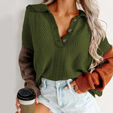 ZhiKnit Womens Patchwork Sweater Half Button Collar Textured Knit Long Sleeve Pullover Loose Fit Tops