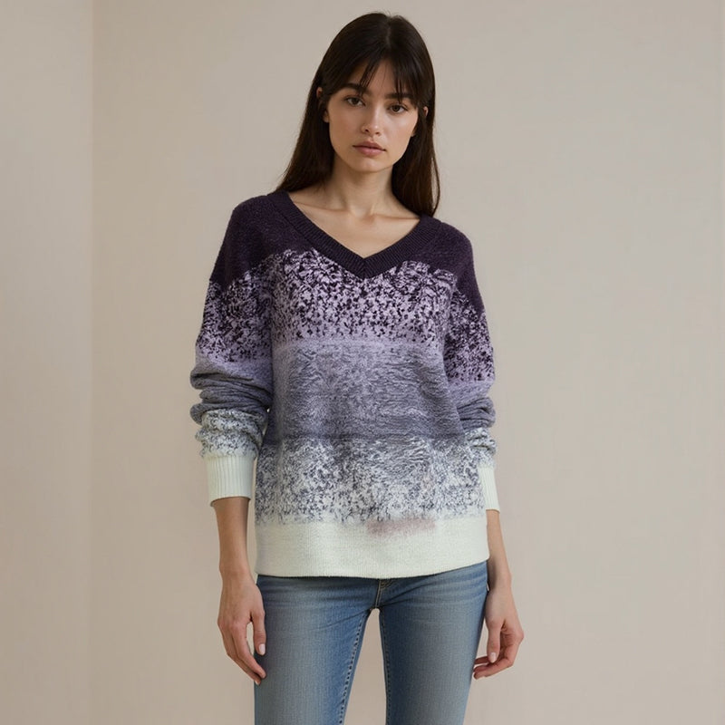 Women's Striped Colorful Sweater Long Sleeves V territory CrewNeck