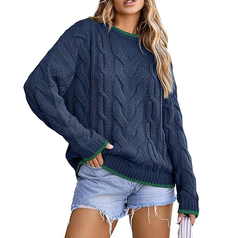 ZhiKnit Sweaters for Women Trendy Crewneck Long Sleeve Color Block Sweater Tops Fall 2025 Chunky Cable Knit Pullover Sweaters