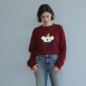 ZhiKnit Women's cartoon teddy bear Christmas sweater paired with innovative printed round neck sweater pullover