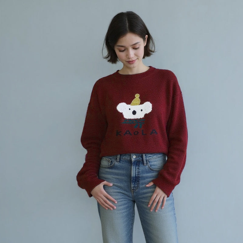 ZhiKnit Women's cartoon teddy bear Christmas sweater paired with innovative printed round neck sweater pullover