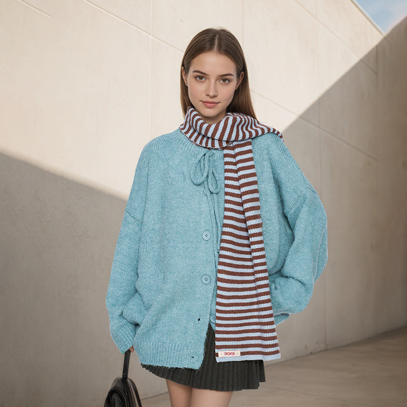 ZhiKnit  Women's Front Strap Bow Cardigan Sweater Thick Loose Coarse Knitted Long Sleeve Fashion Autumn/Winter Jacket Coat