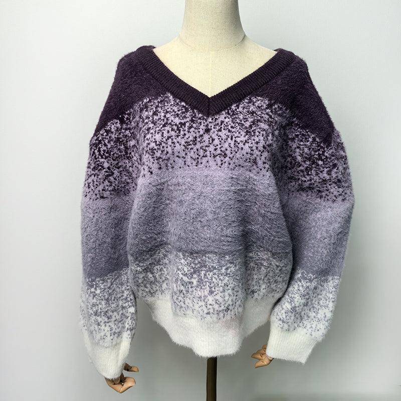 Women's Striped Colorful Sweater Long Sleeves V territory CrewNeck