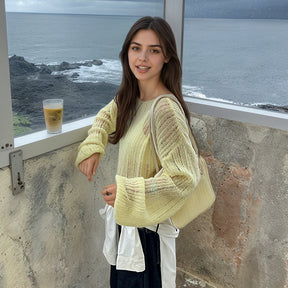 ZhiKnit Women See Through Crew Neck Sheer Mesh Knitted Sweater Solid Basic Long Sleeve Loose Fit Knit Pullover Jumper Top
