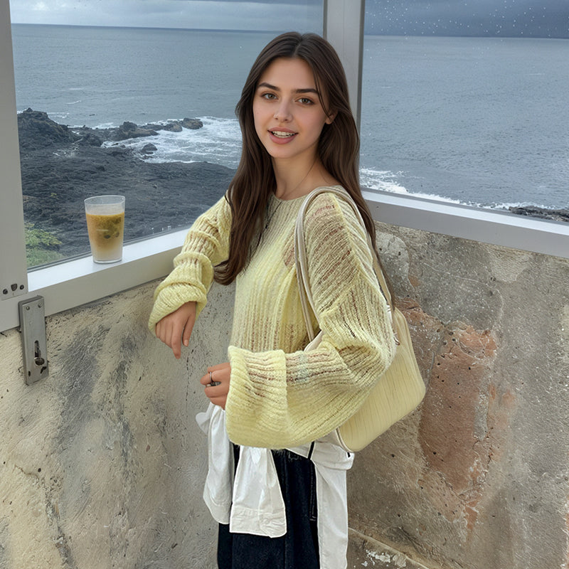 ZhiKnit Women See Through Crew Neck Sheer Mesh Knitted Sweater Solid Basic Long Sleeve Loose Fit Knit Pullover Jumper Top