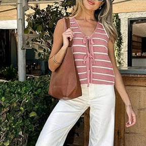 ZhiKnit Women's Sleeveless Striped Sweater Vest V Neck Tie Bow Crochet Knit Tank Tops Casual Loose Cardigan