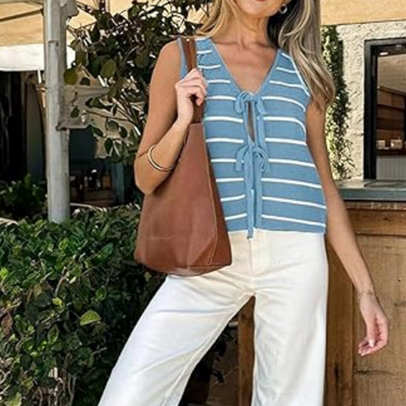 ZhiKnit Women's Sleeveless Striped Sweater Vest V Neck Tie Bow Crochet Knit Tank Tops Casual Loose Cardigan