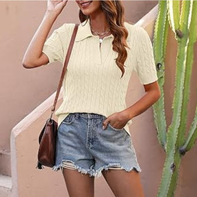 ZhiKnit Women's Short Sleeve Sweaters Tops Polo V Neck Cable Knit Casual Soft Pullover Shirts 2025 Summer Outfits