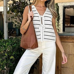 ZhiKnit Women's Sleeveless Striped Sweater Vest V Neck Tie Bow Crochet Knit Tank Tops Casual Loose Cardigan