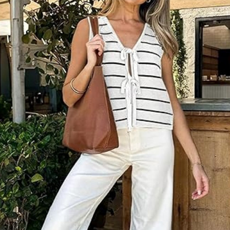 ZhiKnit Women's Sleeveless Striped Sweater Vest V Neck Tie Bow Crochet Knit Tank Tops Casual Loose Cardigan